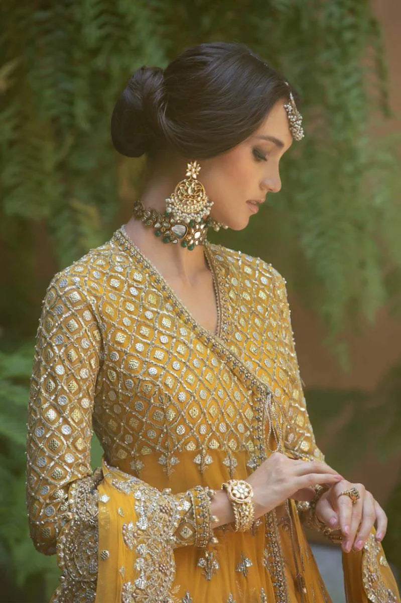 Luxury Mustard Yellow Embroidered Pakistani Bridal Maxi with Handcrafted Dupatta & Wide-Leg Trousers