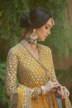 Luxury Mustard Yellow Embroidered Pakistani Bridal Maxi with Handcrafted Dupatta & Wide-Leg Trousers