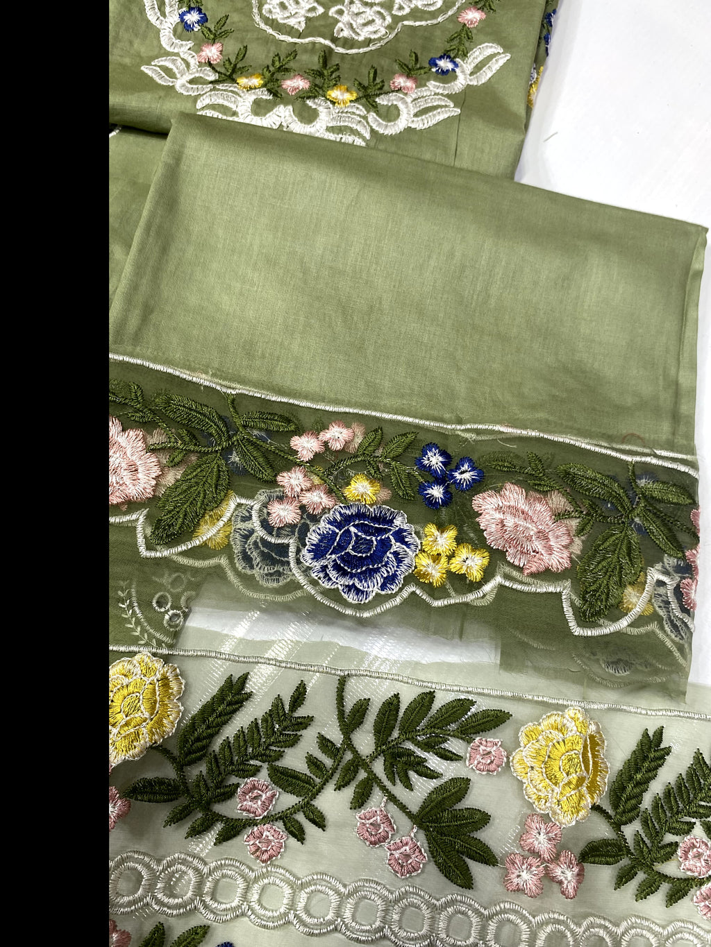 Sage Green Luxury Embroidered Cotton Suit with Net Khaddi Dupatta