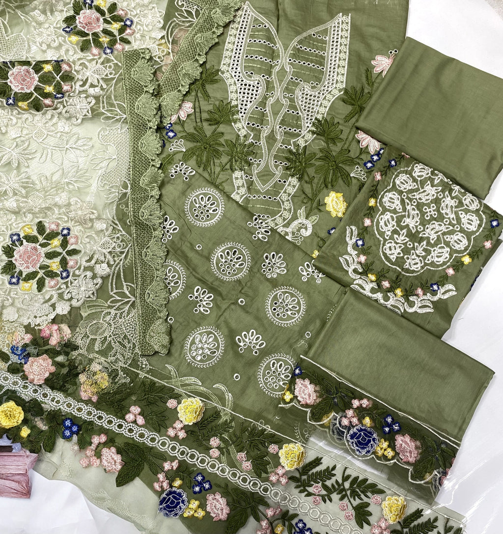 Sage Green Luxury Embroidered Cotton Suit with Net Khaddi Dupatta