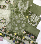Sage Green Luxury Embroidered Cotton Suit with Net Khaddi Dupatta