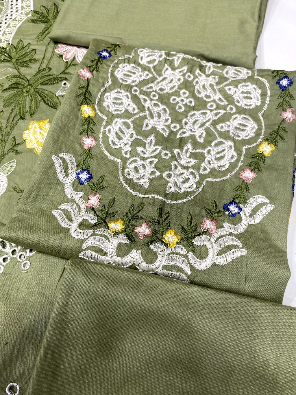 Sage Green Luxury Embroidered Cotton Suit with Net Khaddi Dupatta
