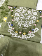 Sage Green Luxury Embroidered Cotton Suit with Net Khaddi Dupatta