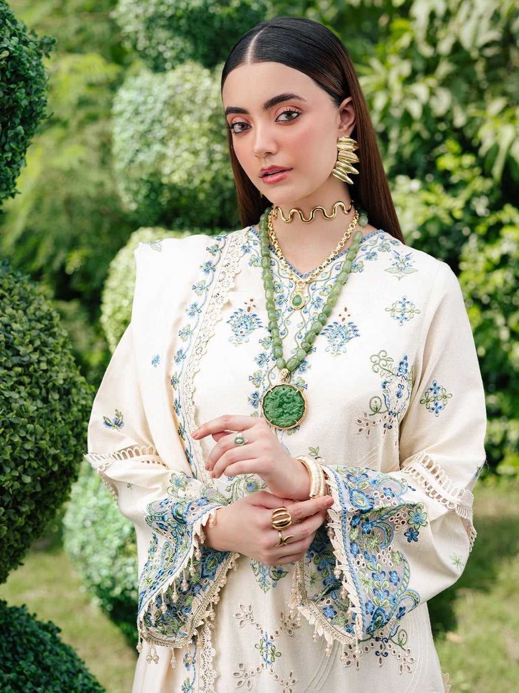 3-Piece Luxury Embroidered Cotton Suit with Embroidered Chiffon Dupatta - Off-White & Blue