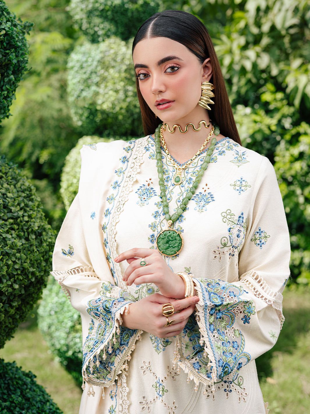 3-Piece Luxury Embroidered Cotton Suit with Embroidered Chiffon Dupatta - Off-White & Blue