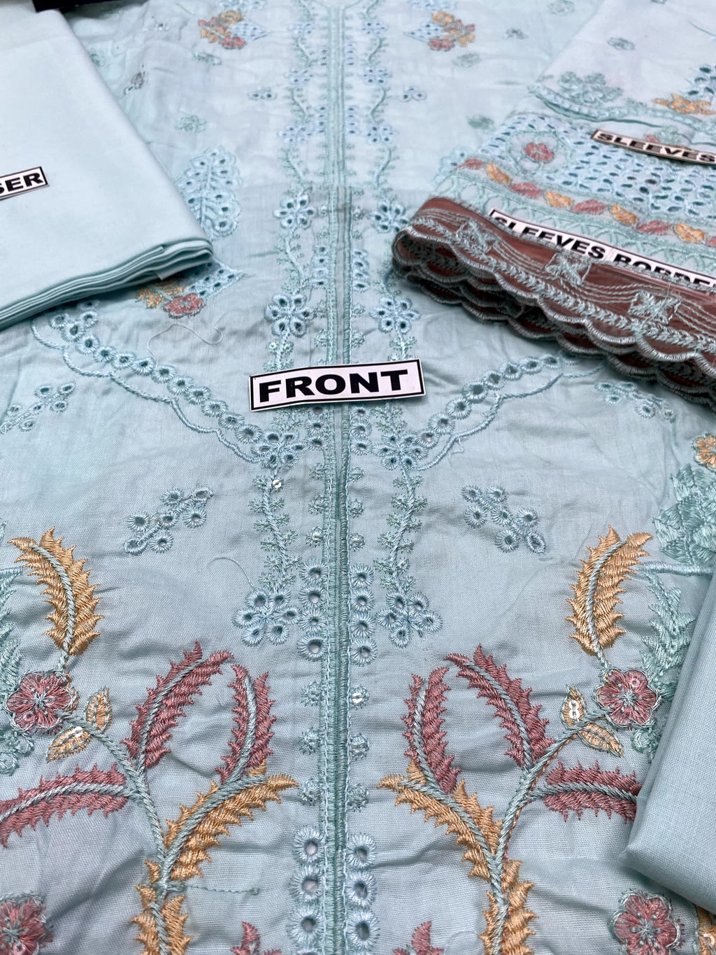 3-Piece Luxury Embroidered Cotton Suit with Soft Chiffon Dupatta - Mint Blue