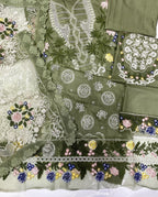 Sage Green Luxury Embroidered Cotton Suit with Net Khaddi Dupatta