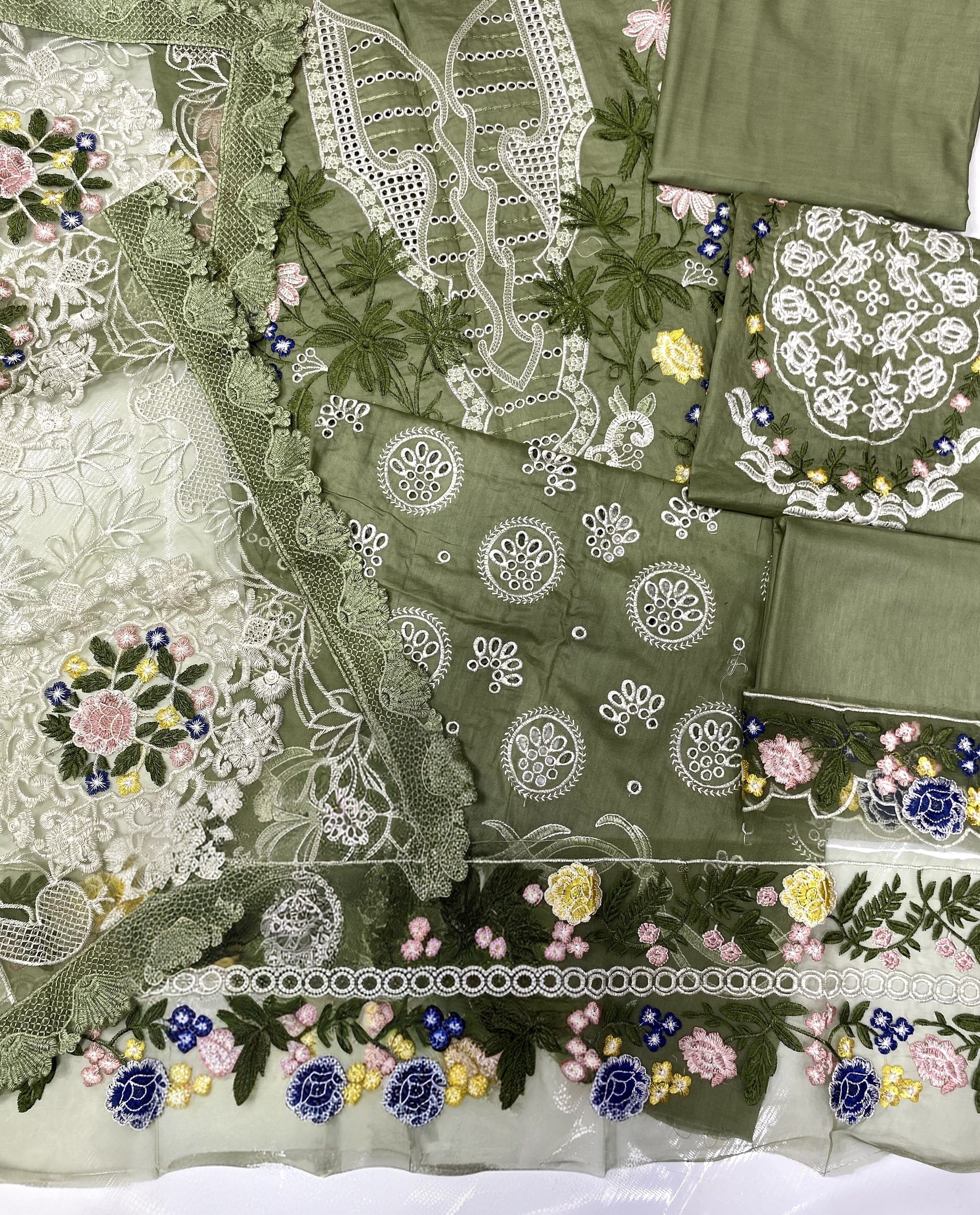 Sage Green Luxury Embroidered Cotton Suit with Net Khaddi Dupatta